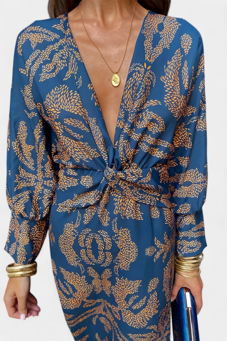 Ema - Robe Maxi avec Décolleté en V et Nœud Frontal
