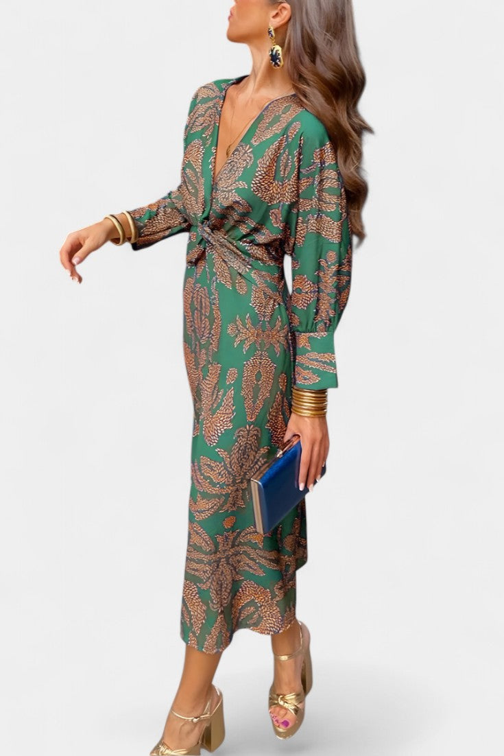 Ema - Robe Maxi avec Décolleté en V et Nœud Frontal