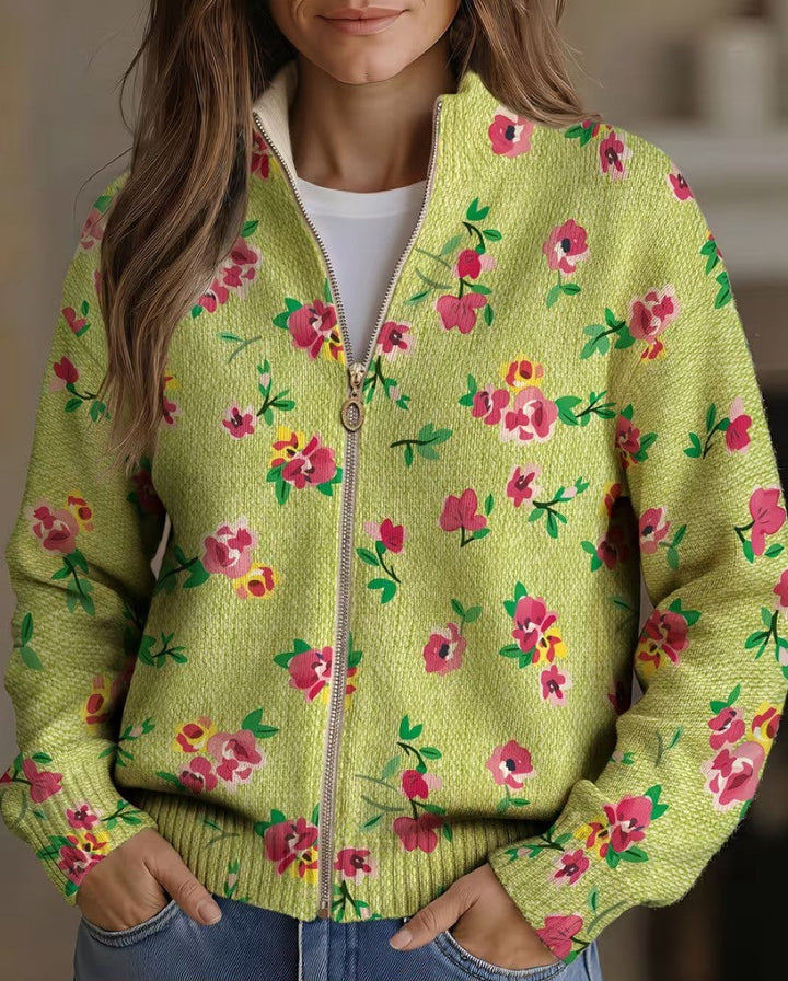 Margot | Gilet zippé floral rose sur fond vert lime
